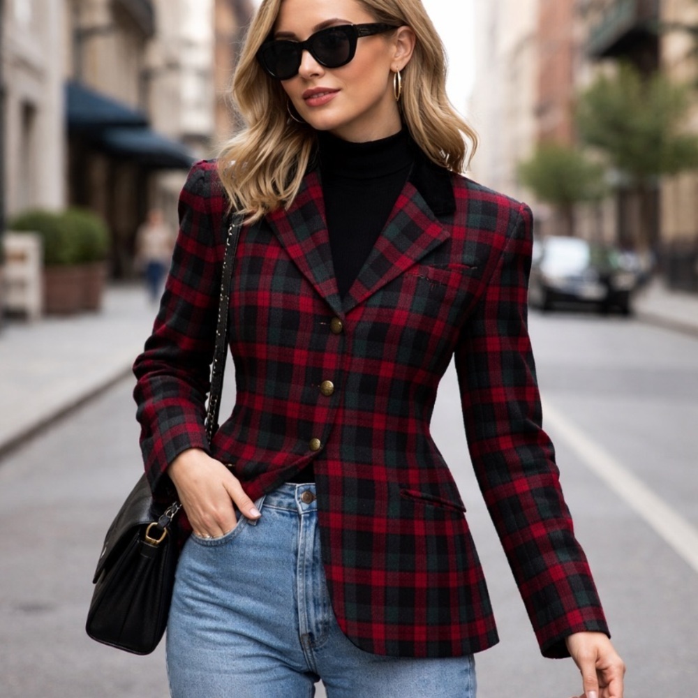 Pendleton Vintage Black Red Green 100% Virgin Wool Academia Plaid Blazer Size 12